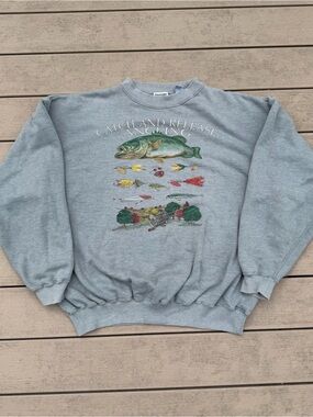 Vintage 90s Bass Fishing Crewneck Nature Sweatshirt Danaggers Catch Release XL
